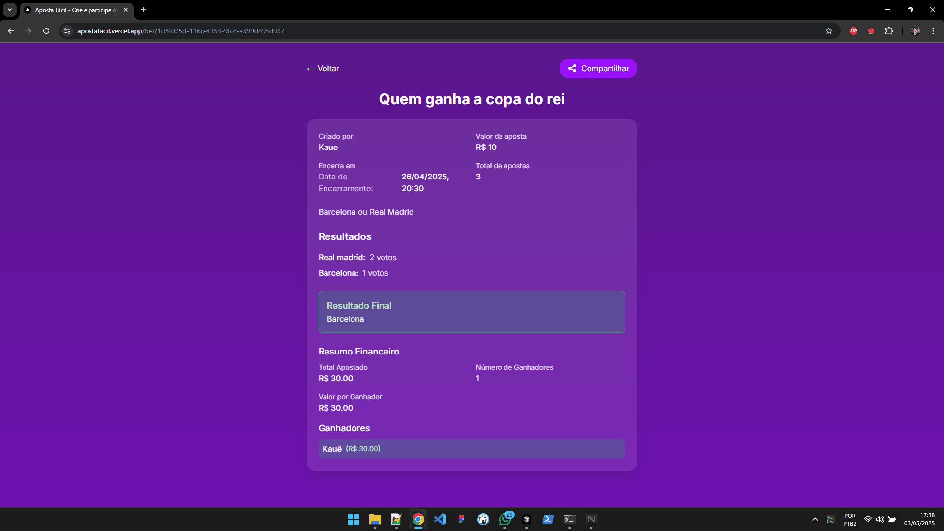 Results and final calculation screen